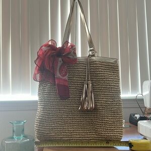 WHBM straw tote 15x14”tan and gold with free scarf GUC